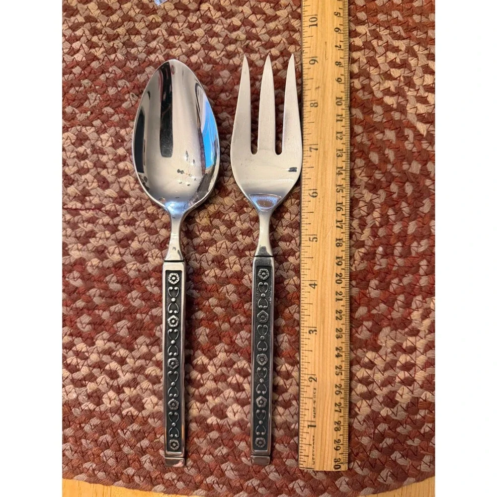 Gorham Salad Serving Set OS Silver Vintage‎ Floral Heart Stainless Steel